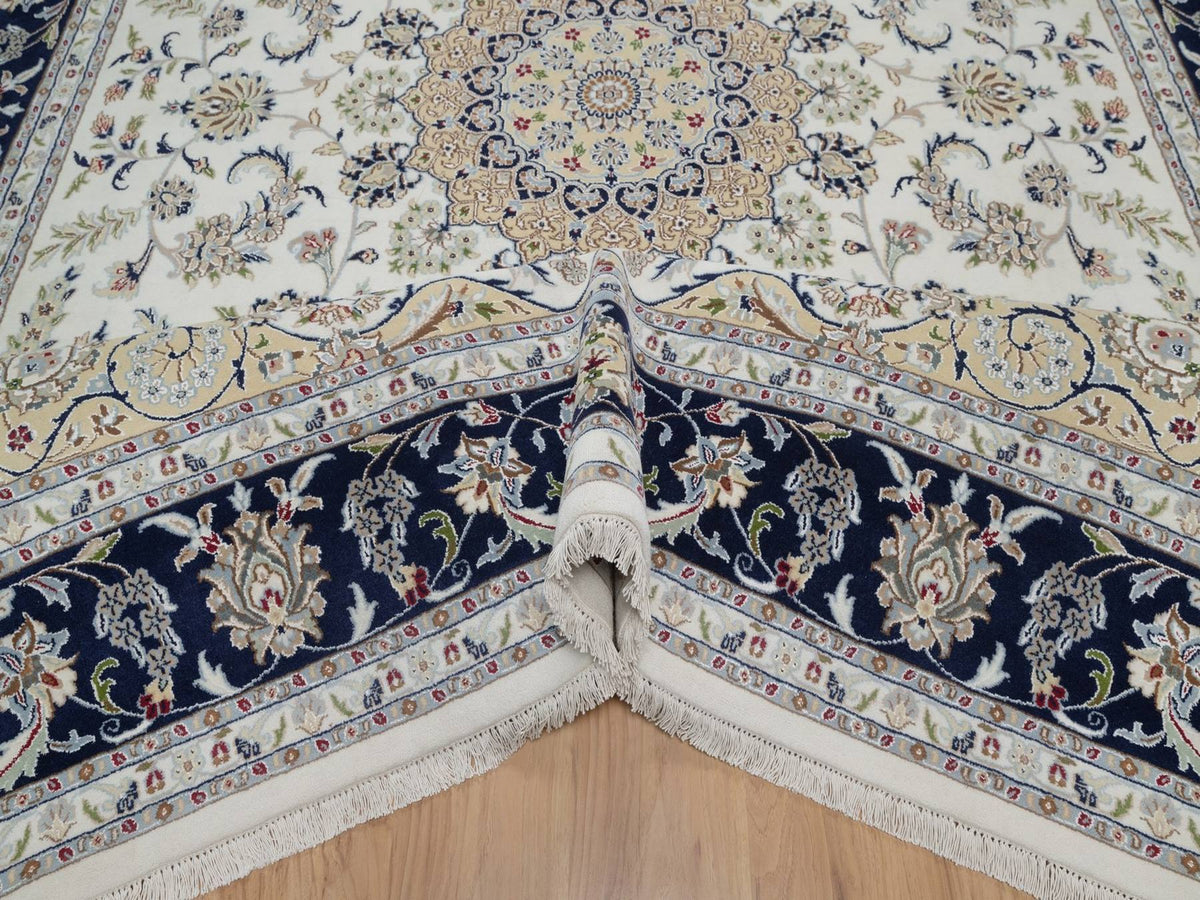 Nain Fine Oriental hand-knotted wool/silk rug in Ivory & Midnight Blue, 8'11" x 12'3" — SKU O091643 (view 5)