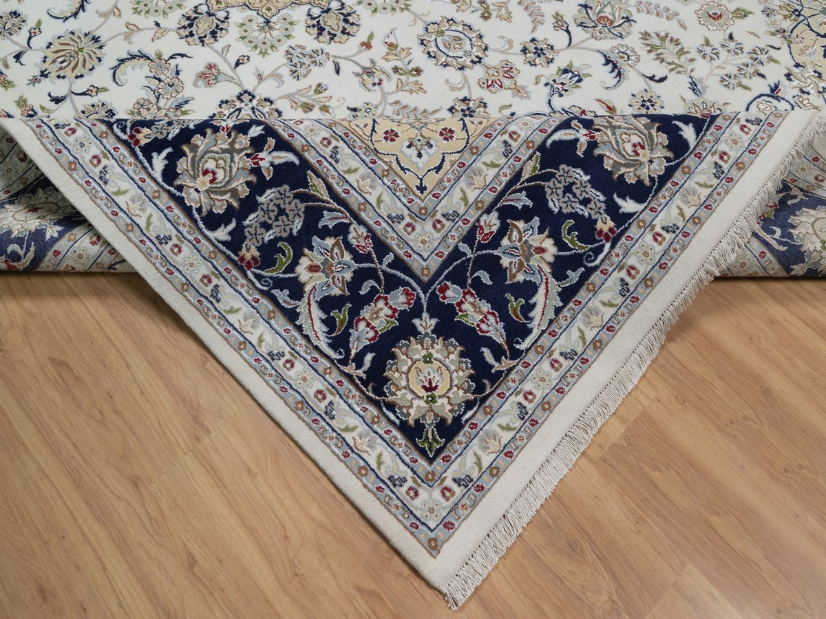 Nain Fine Oriental hand-knotted wool/silk rug in Ivory & Midnight Blue, 8'11" x 12'3" — SKU O091643 (view 6)