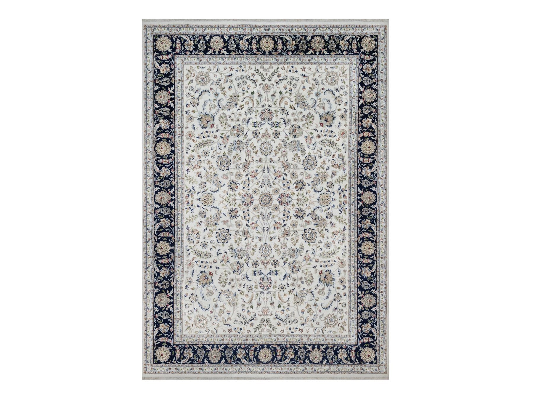 Nain Fine Oriental hand-knotted wool/silk rug in Ivory & Midnight Blue, 9'11" x 14'3" — SKU O091644