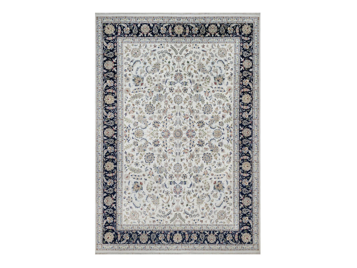 Nain Fine Oriental hand-knotted wool/silk rug in Ivory & Midnight Blue, 9'11" x 14'3" — SKU O091644