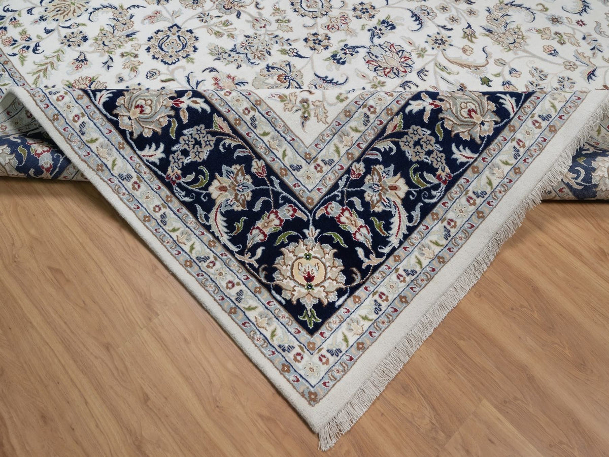 Nain Fine Oriental hand-knotted wool/silk rug in Ivory & Midnight Blue, 9'11" x 14'3" — SKU O091644 (view 6)
