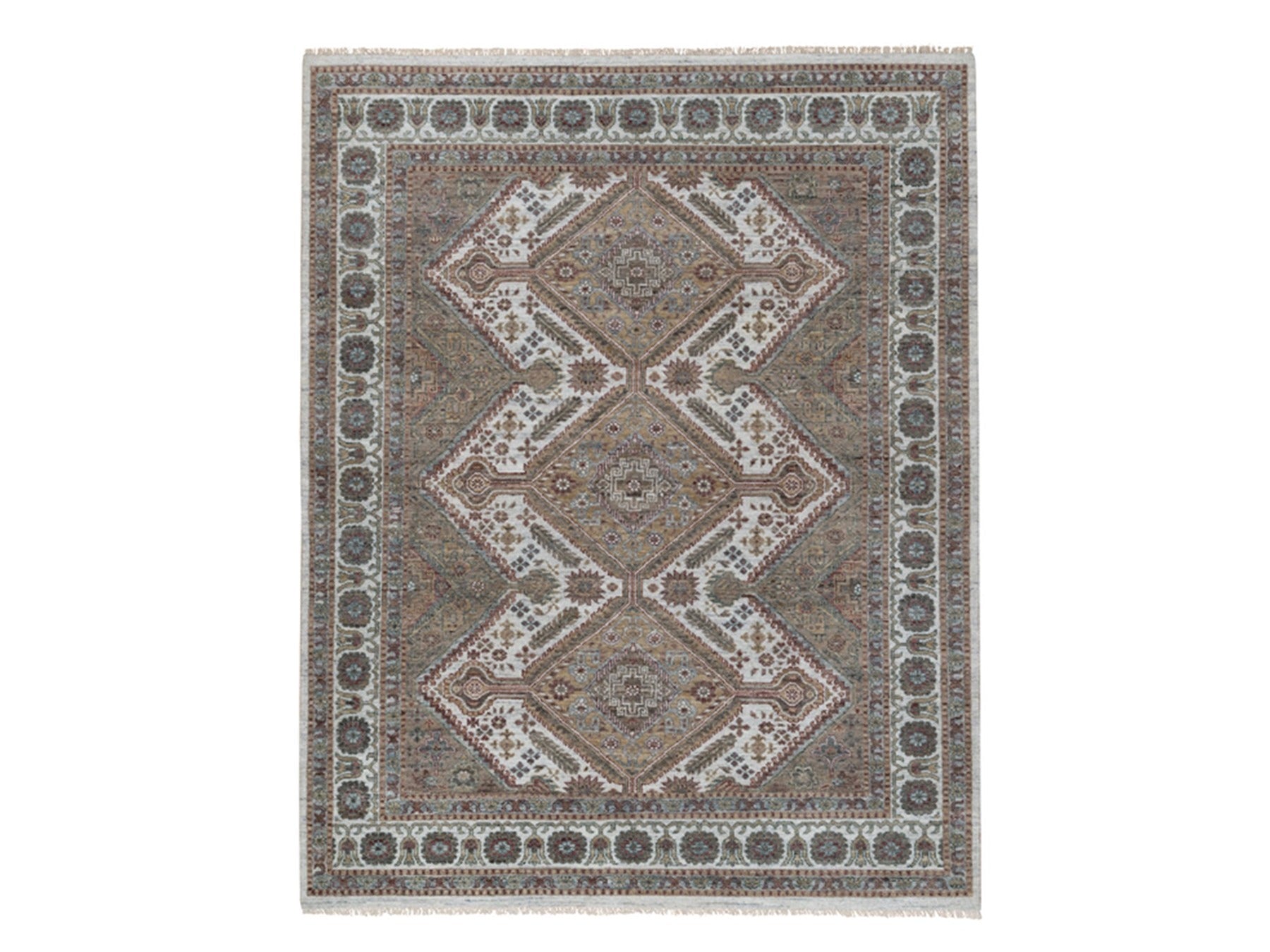 Ivory 7'11" x 10'0" Tribal & Geometric Hand knotted Wool Rug - Sku: O091771