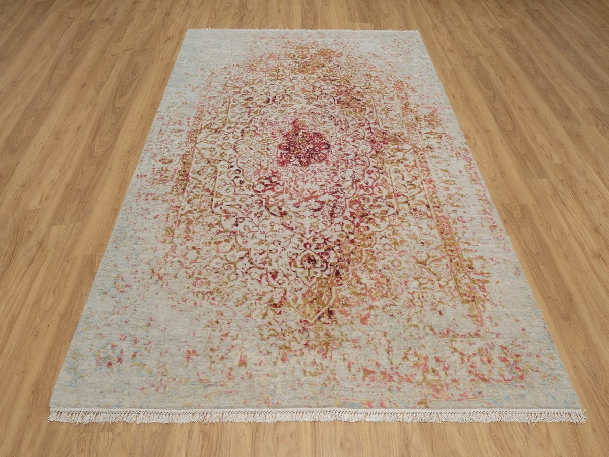 Modern / Contemporary hand-knotted wool/silk rug in Pink, 6'1" x 9'1" — SKU O091783 (view 2)