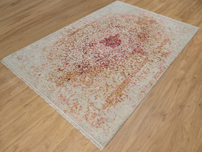 Modern / Contemporary hand-knotted wool/silk rug in Pink, 6'1" x 9'1" — SKU O091783 (view 3)