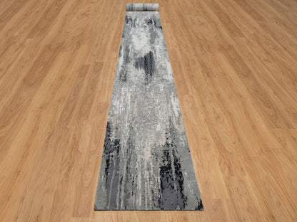 Modern / Contemporary hand-knotted wool/silk runner in Ivory, 2'8" x 23'10" — SKU O091784 (view 2)
