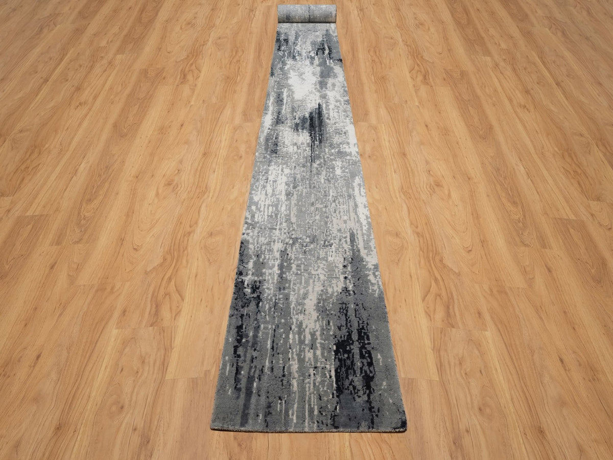 Modern / Contemporary hand-knotted wool/silk runner in Ivory, 2'7" x 26' — SKU O091785 (view 2)