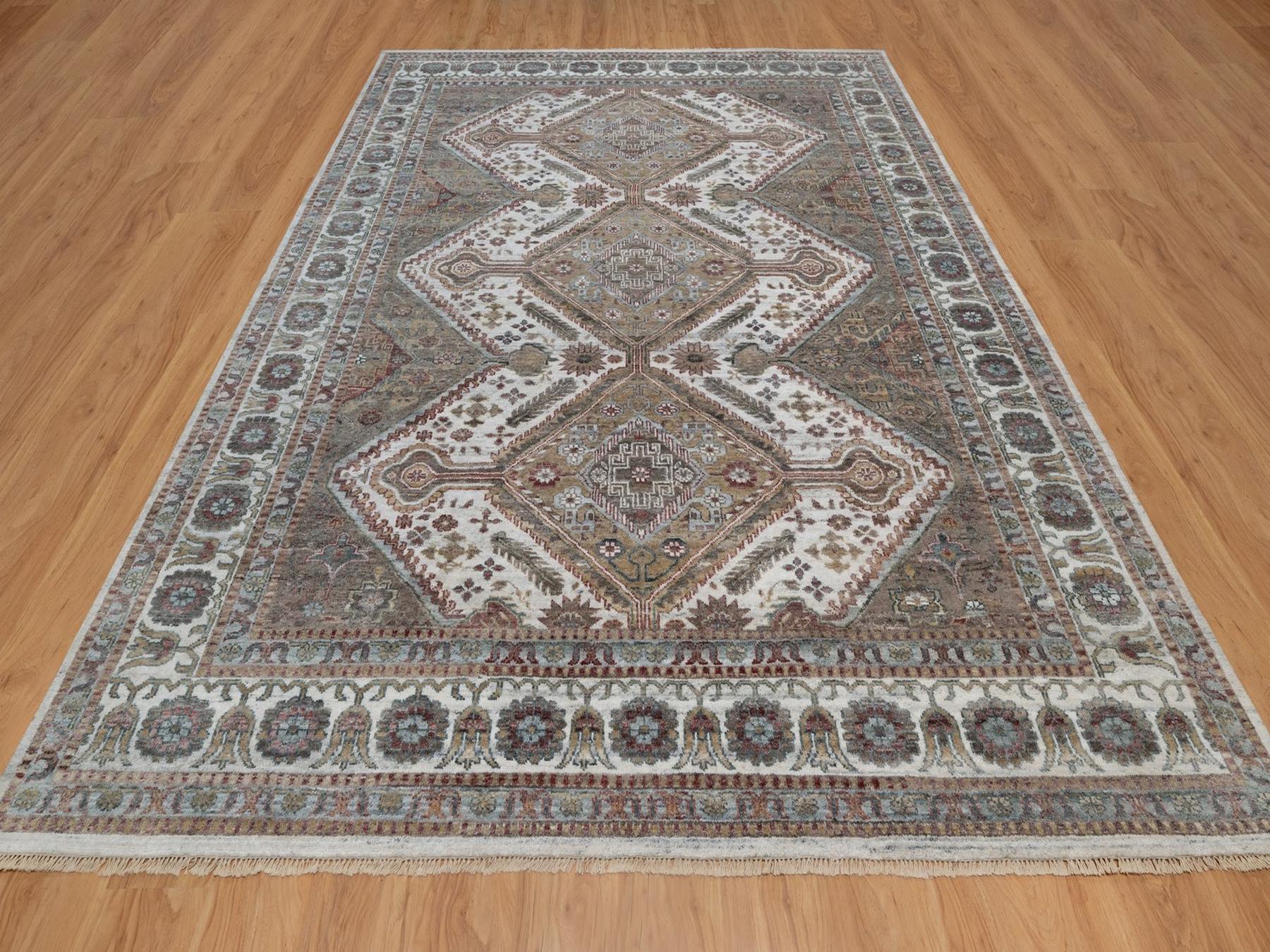 Shiraz Tribal & Geometric hand-knotted wool rug in Ivory, 8'10" x 12'1" — SKU O091802 (view 2)