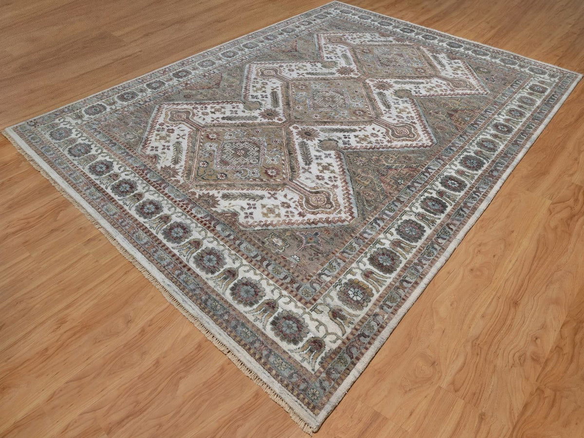 Shiraz Tribal & Geometric hand-knotted wool rug in Ivory, 8'10" x 12'1" — SKU O091802 (view 3)
