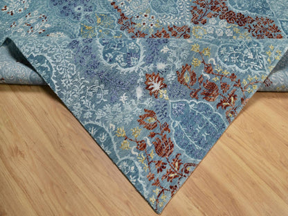 Blue 8'1" x 10'1" Modern and Contemporary Hand knotted Wool/Silk Rug - Sku: O091804