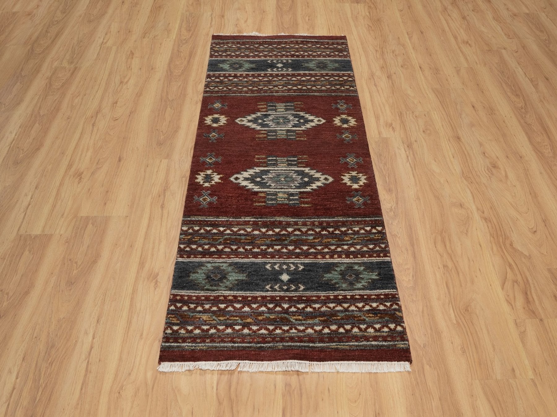 Red 2'7" x 6'2" Tribal & Geometric Hand knotted Wool Rug - Sku: O091820