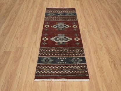 Red 2'7" x 6'2" Tribal & Geometric Hand knotted Wool Rug - Sku: O091820