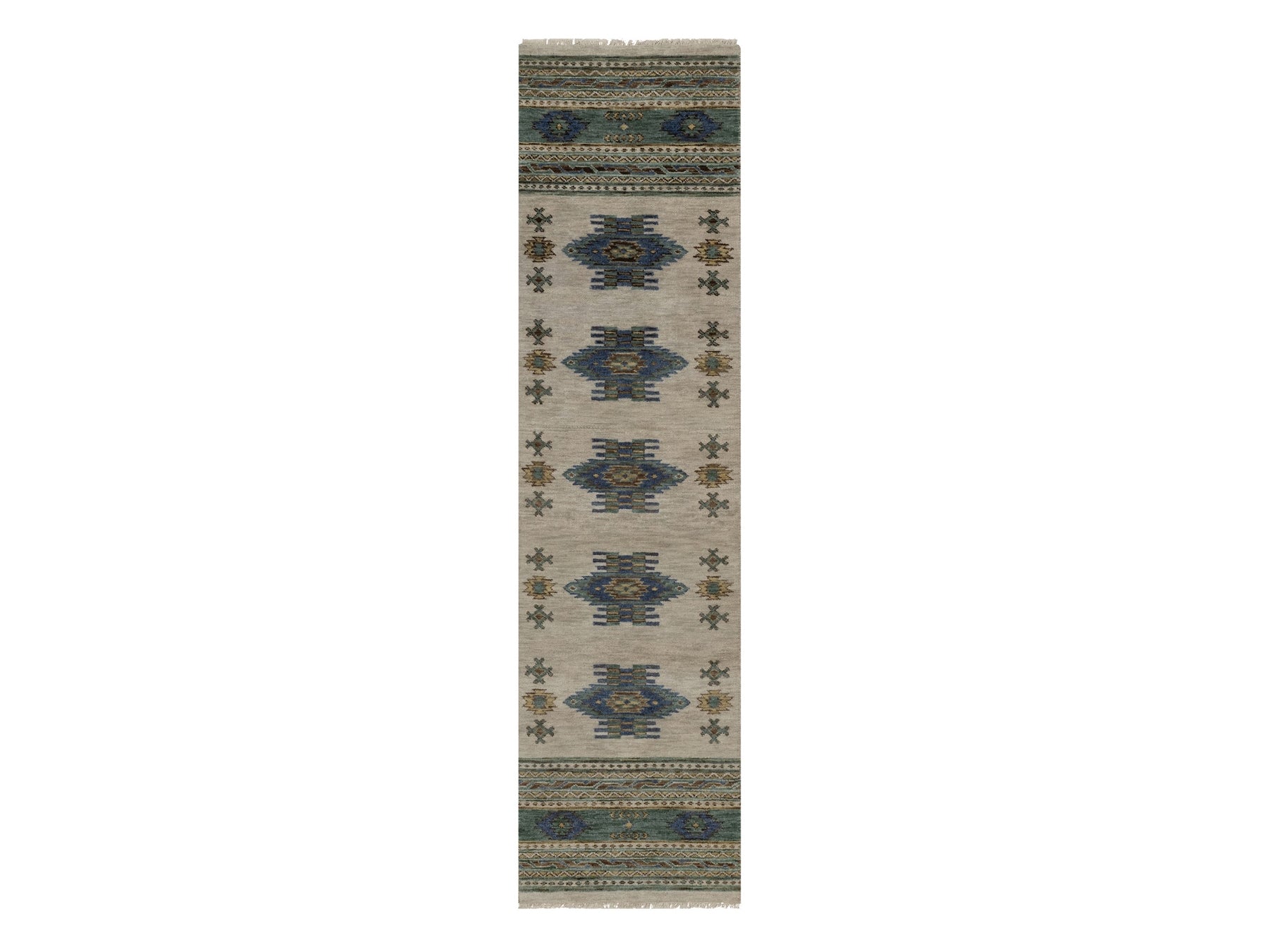 Beige 2'6" x 10'0" Tribal & Geometric Hand knotted Wool Rug - Sku: O091838