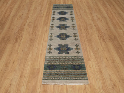 Beige 2'6" x 10'0" Tribal & Geometric Hand knotted Wool Rug - Sku: O091838