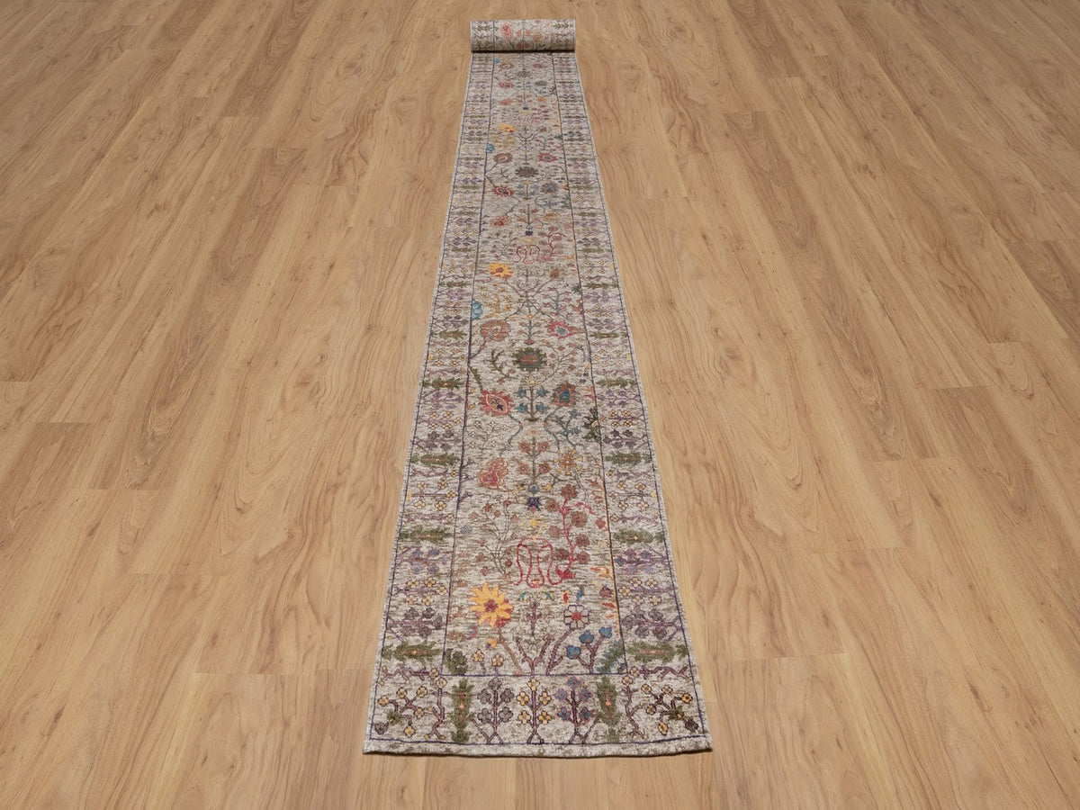 Transitional hand-knotted wool/silk runner in Ivory, 2'7" x 27'3" — SKU O091898 (view 2)