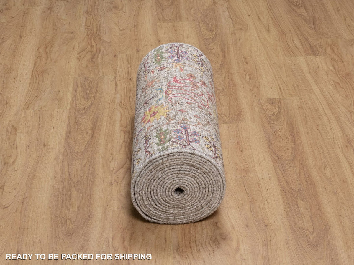 Transitional hand-knotted wool/silk runner in Ivory, 2'7" x 27'3" — SKU O091898 (view 6)