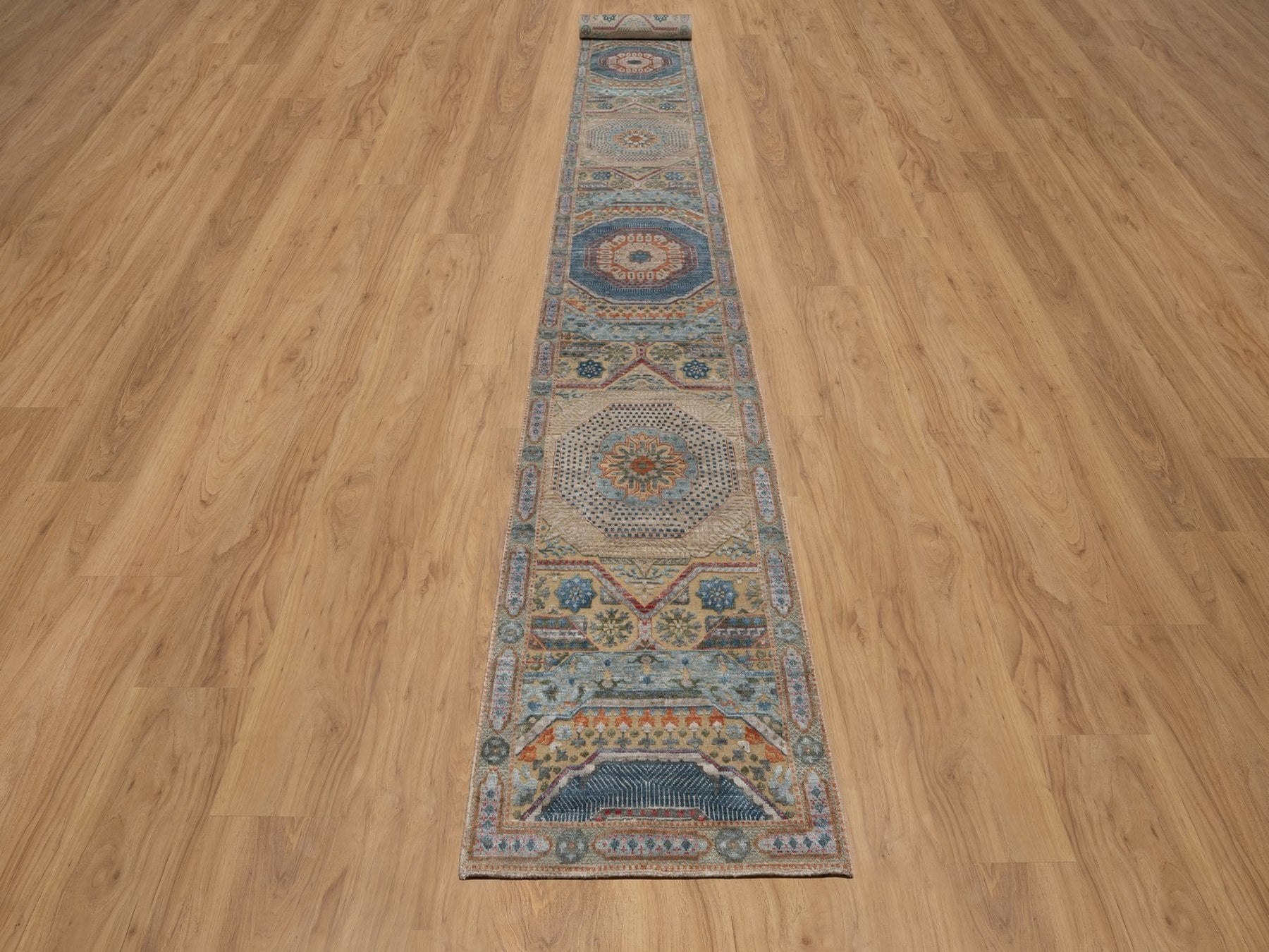 Brown 2'6" x 21'10" Mamluk Hand knotted Wool/Silk Rug - Sku: O091907