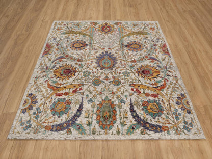 Transitional hand-knotted wool/silk rug in Ivory, 6' x 6' — SKU O091909 (view 2)