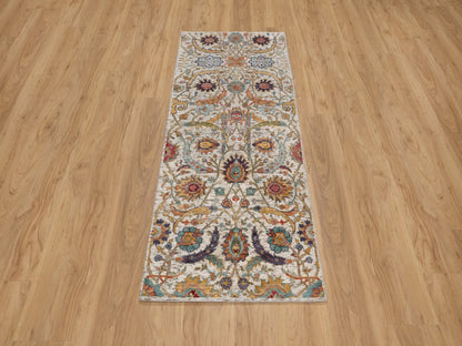 Transitional hand-knotted wool/silk runner in Ivory, 2'5" x 5'11" — SKU O091915 (view 2)