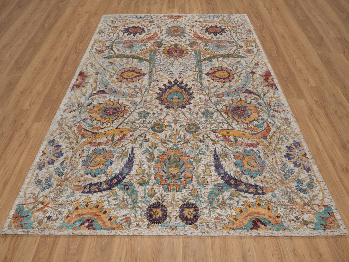 Transitional hand-knotted wool/silk rug in Ivory, 7'11" x 10' — SKU O091923 (view 2)