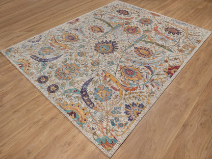 Transitional hand-knotted wool/silk rug in Ivory, 7'11" x 10' — SKU O091923 (view 3)