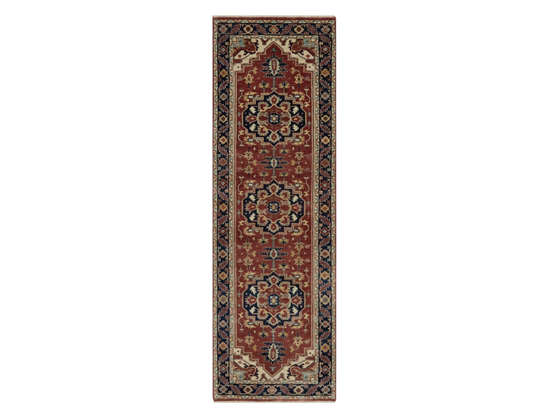 Heriz Heriz hand-knotted wool runner in Red & Midnight Blue, 2'7" x 8'2" — SKU O091932