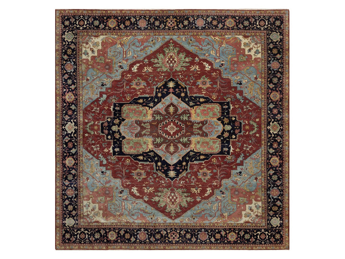 Heriz Heriz hand-knotted wool rug in Red & Midnight Blue, 13'11" x 14'2" — SKU O091948