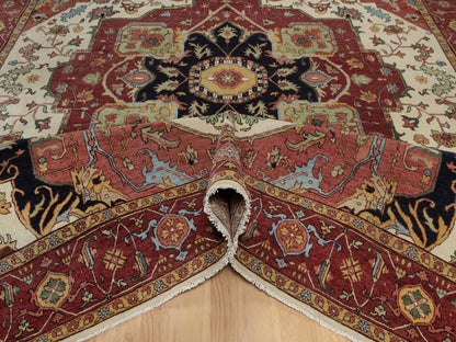 Ivory 8'11" x 12'2" Heriz Hand knotted Wool Rug - Sku: O091950