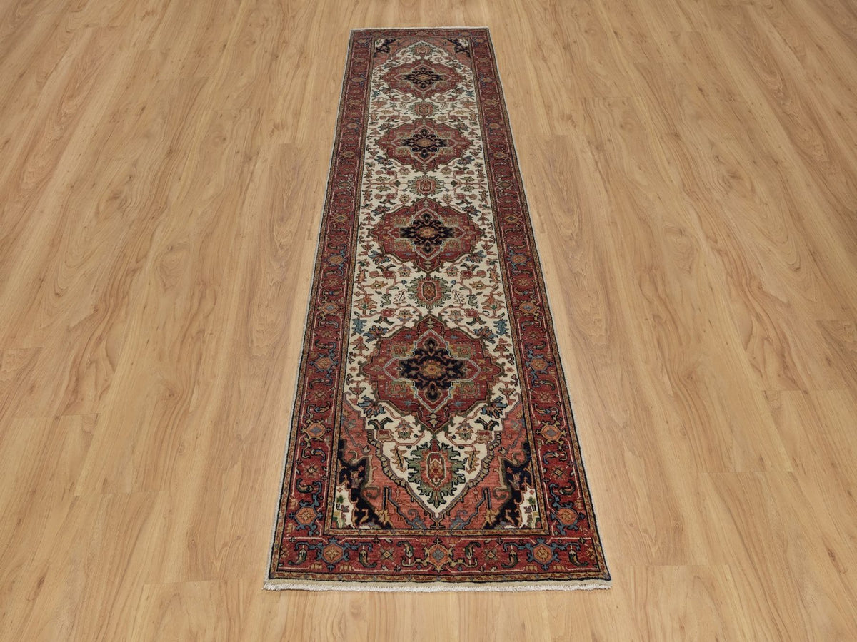 Heriz Heriz hand-knotted wool runner in Ivory & Red, 2'7" x 10' — SKU O091962 (view 2)