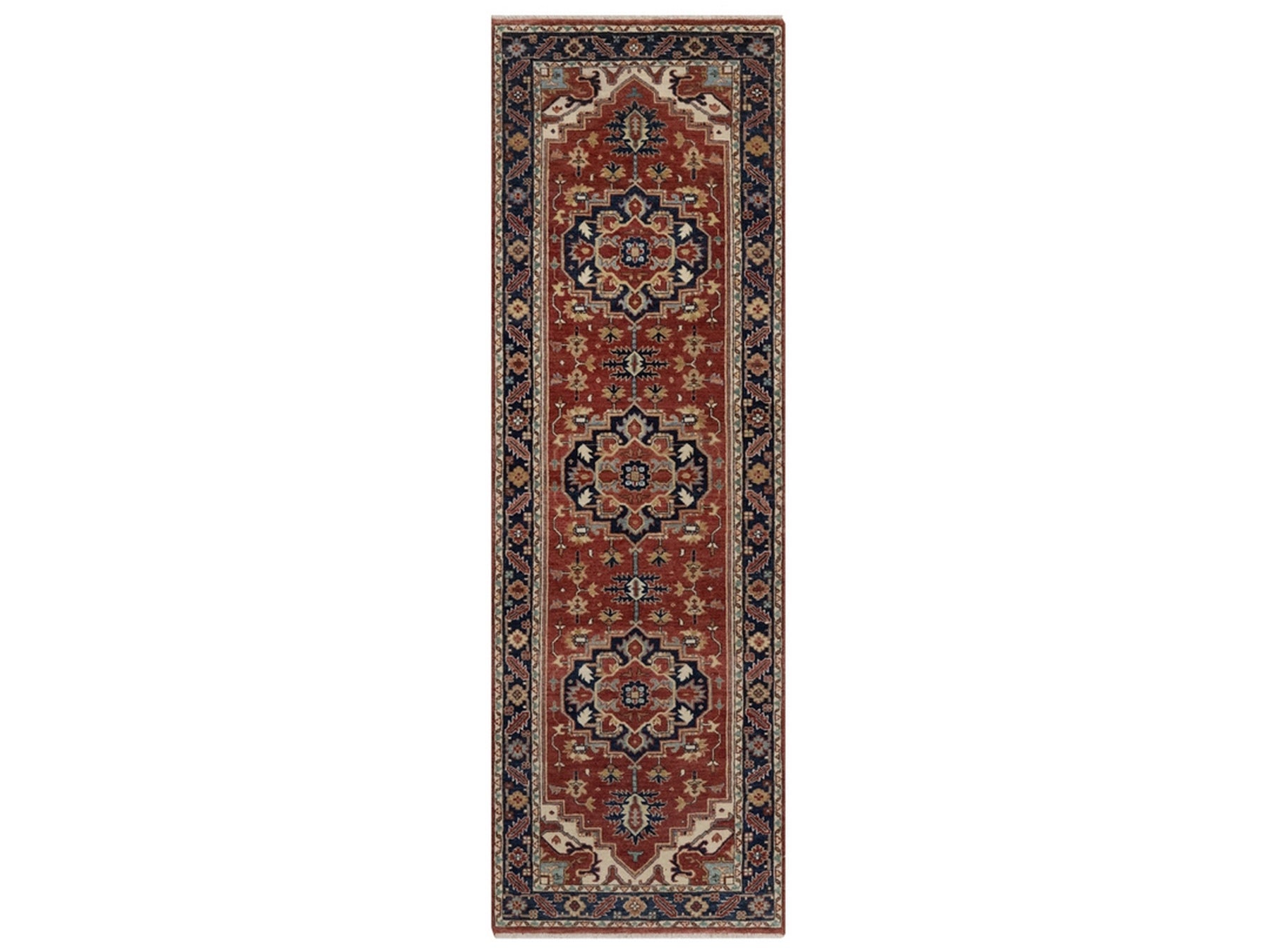 Heriz Heriz hand-knotted wool runner in Red & Navy Blue, 2'7" x 8'3" — SKU O091963