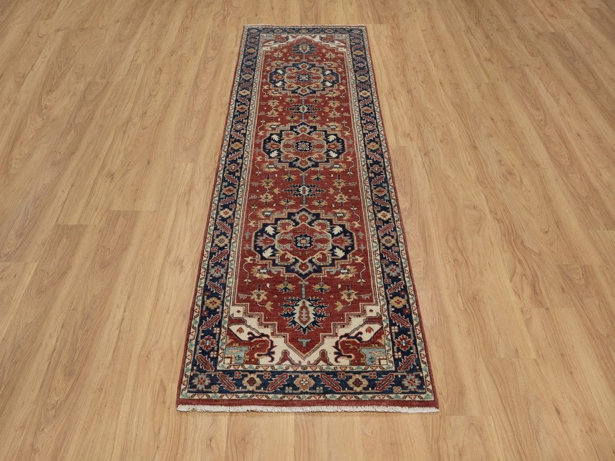 Heriz Heriz hand-knotted wool runner in Red & Navy Blue, 2'7" x 8'3" — SKU O091963 (view 2)