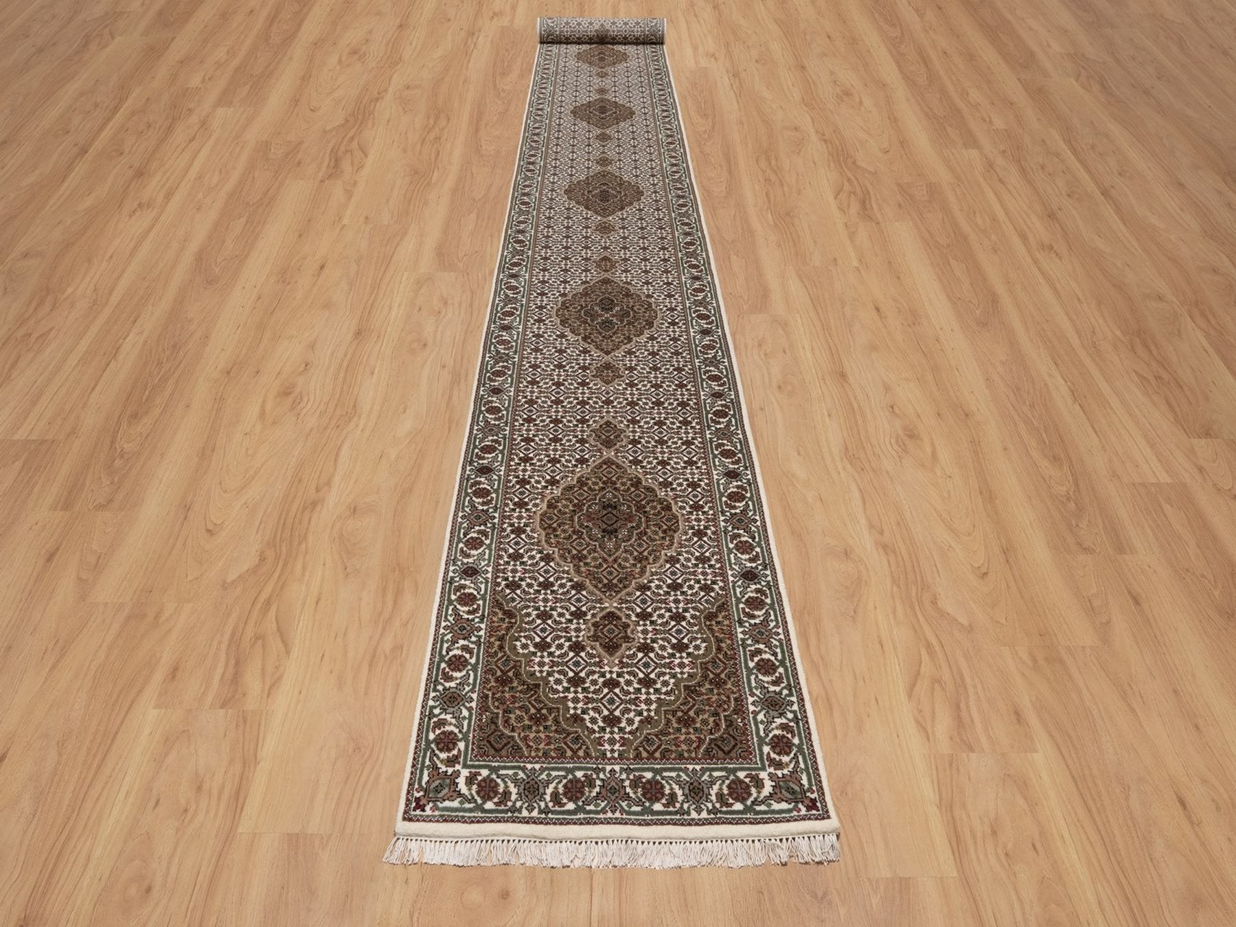 Tabriz Fine Oriental hand-knotted wool runner in Ivory & Swan White, 2'7" x 21'2" — SKU O091980 (view 2)