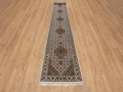 Tabriz Fine Oriental hand-knotted wool runner in Ivory & Swan White, 2'7" x 21'2" — SKU O091980 (view 2)