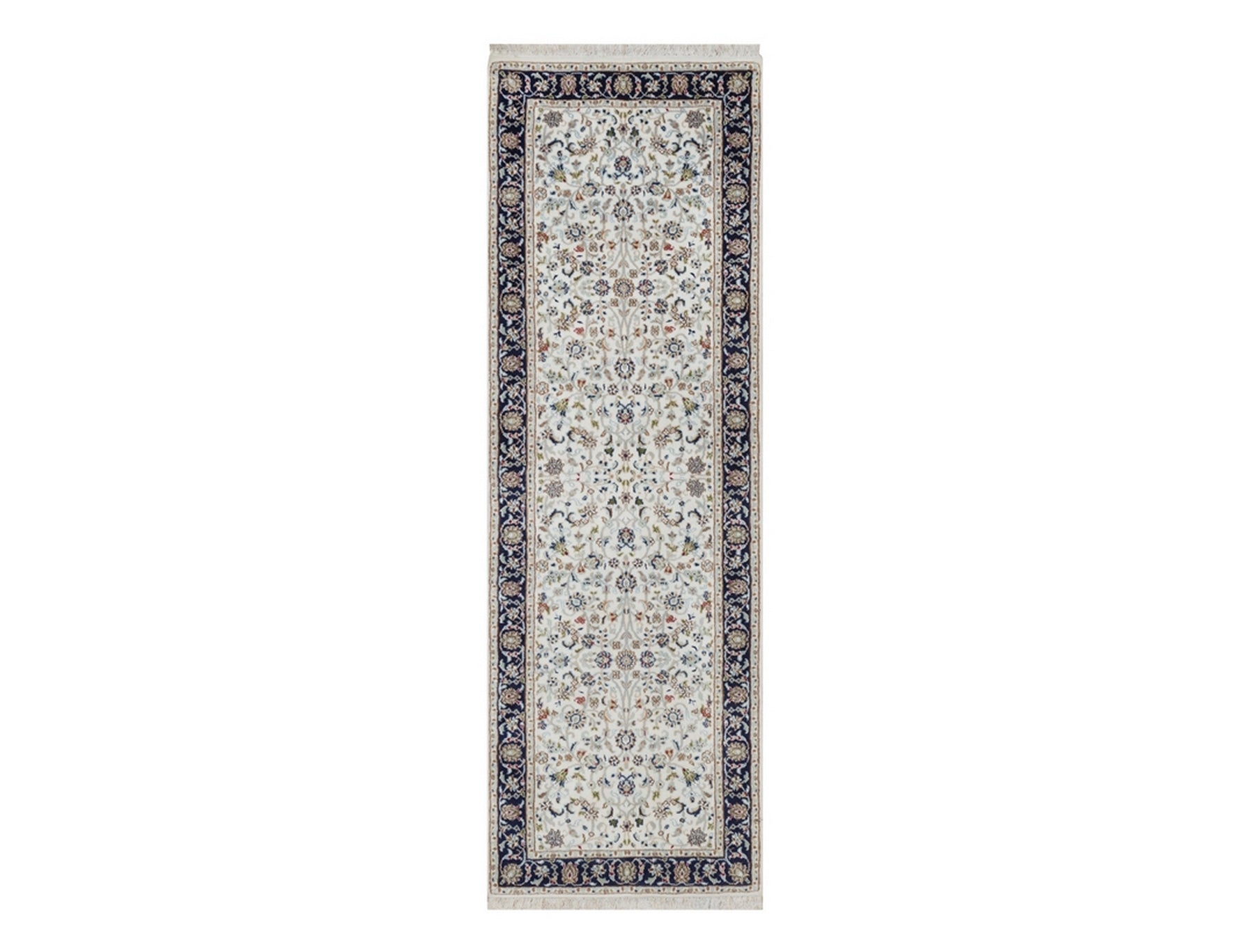 Nain Fine Oriental hand-knotted wool/silk runner in Ivory & Midnight Blue, 2'8" x 8'3" — SKU O091996