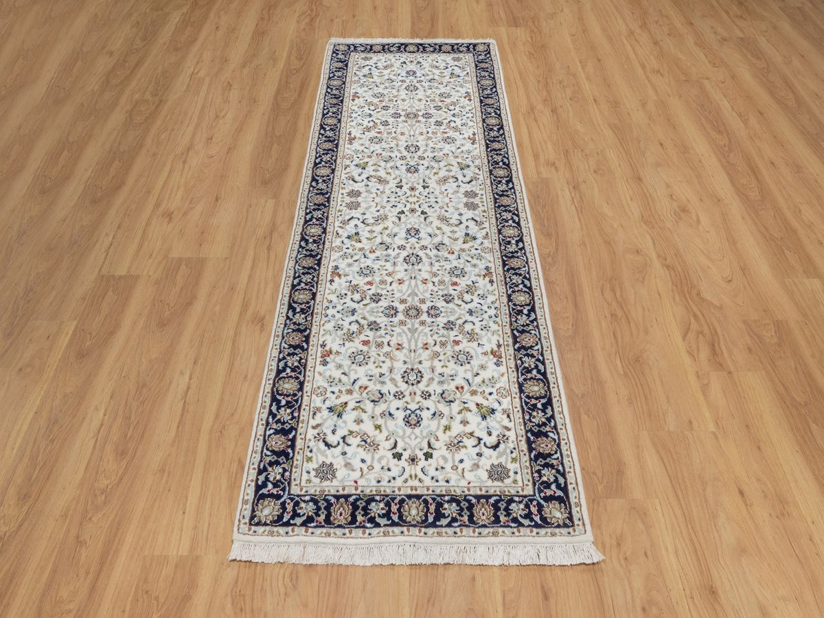 Nain Fine Oriental hand-knotted wool/silk runner in Ivory & Midnight Blue, 2'8" x 8'3" — SKU O091996 (view 2)
