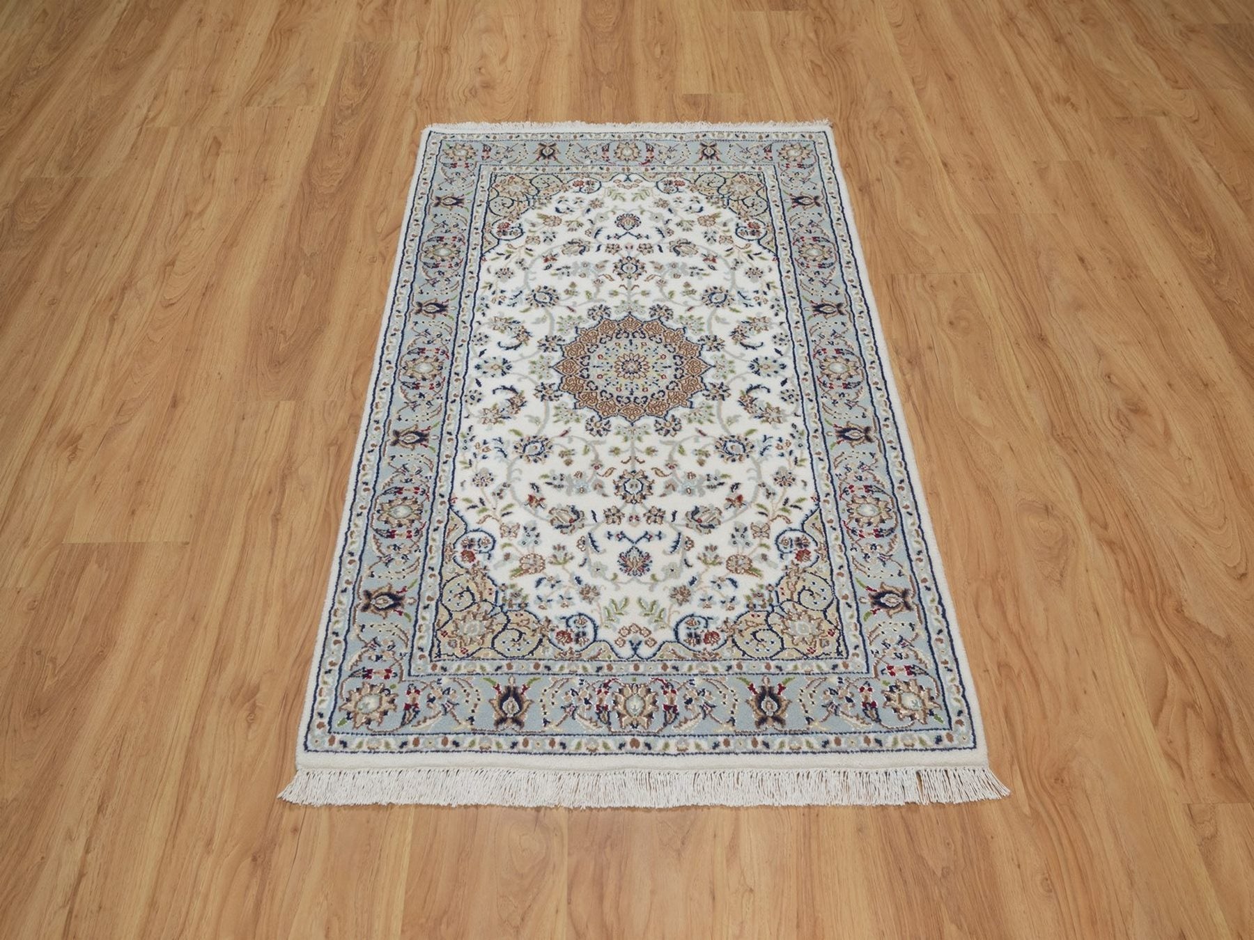 Nain Fine Oriental hand-knotted wool/silk rug in Ivory & Light Blue, 3' x 5'1" — SKU O091998 (view 2)