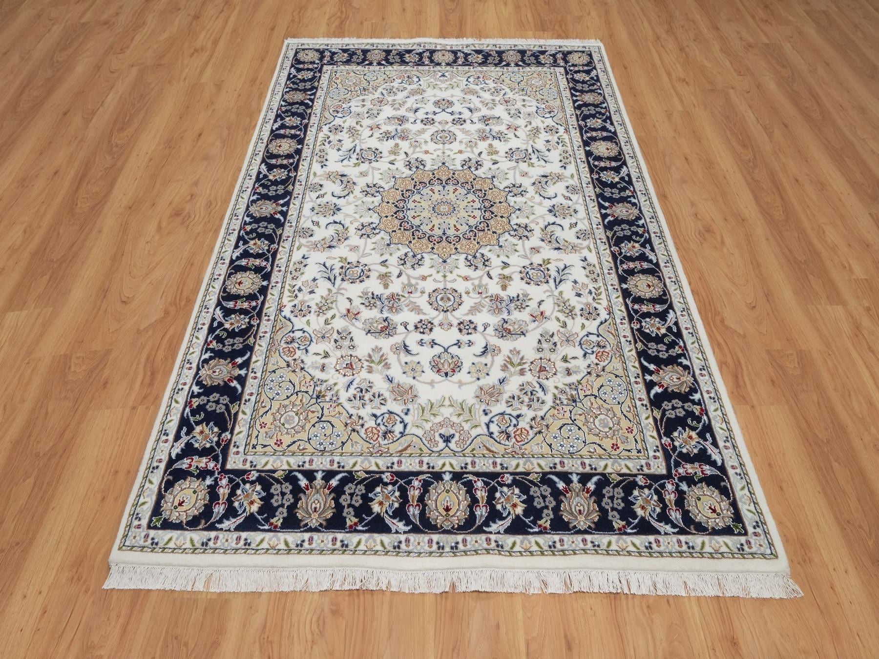 Nain Fine Oriental hand-knotted wool/silk rug in Ivory & Midnight Blue, 5'2" x 8'3" — SKU O092001 (view 2)