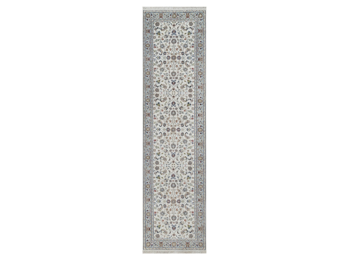 Nain Fine Oriental hand-knotted wool/silk runner in Ivory & Light Blue, 2'8" x 10'3" — SKU O092004