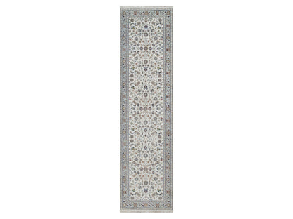Nain Fine Oriental hand-knotted wool/silk runner in Ivory & Light Blue, 2'8" x 10'3" — SKU O092004