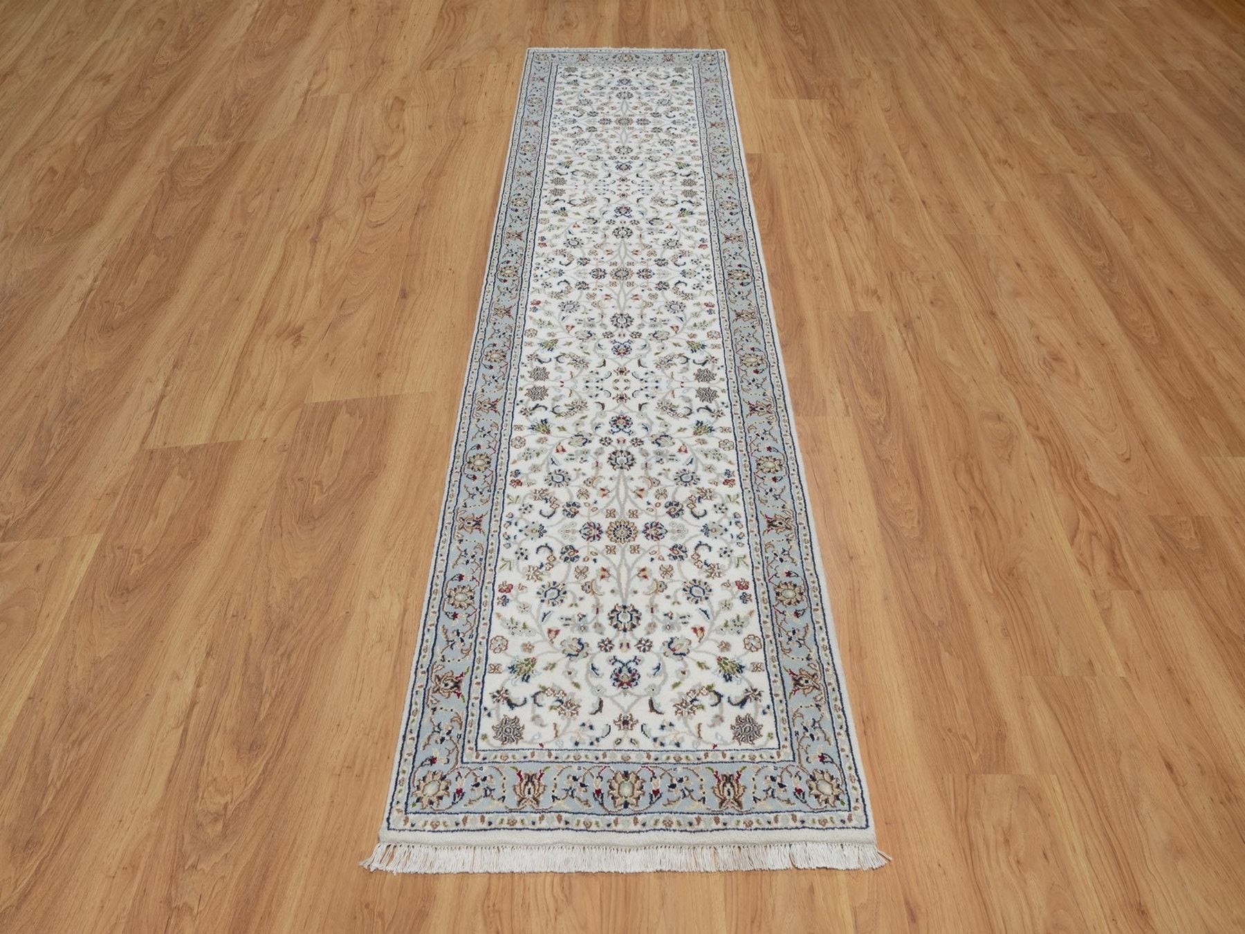 Nain Fine Oriental hand-knotted wool/silk runner in Ivory & Light Blue, 2'8" x 10'3" — SKU O092004 (view 2)