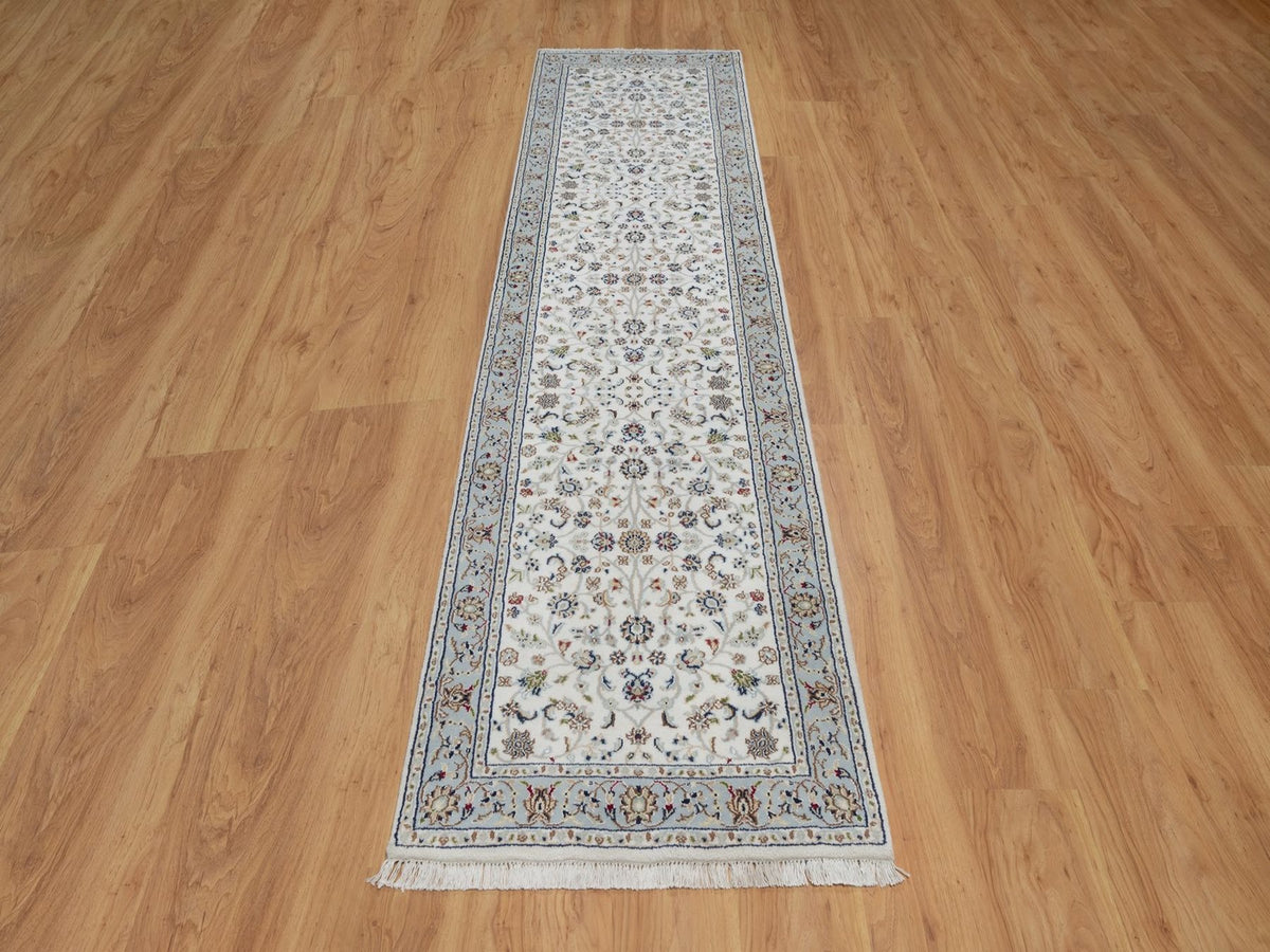 Nain Fine Oriental hand-knotted wool/silk runner in Ivory & Light Blue, 2'8" x 10'3" — SKU O092004 (view 2)