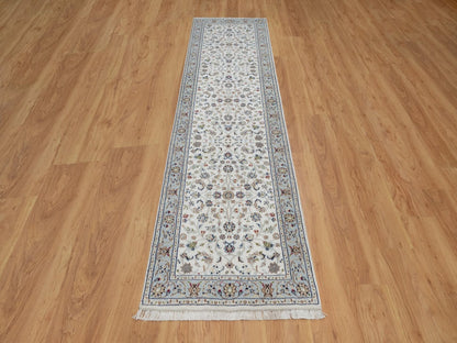 Nain Fine Oriental hand-knotted wool/silk runner in Ivory & Light Blue, 2'8" x 10'3" — SKU O092004 (view 2)