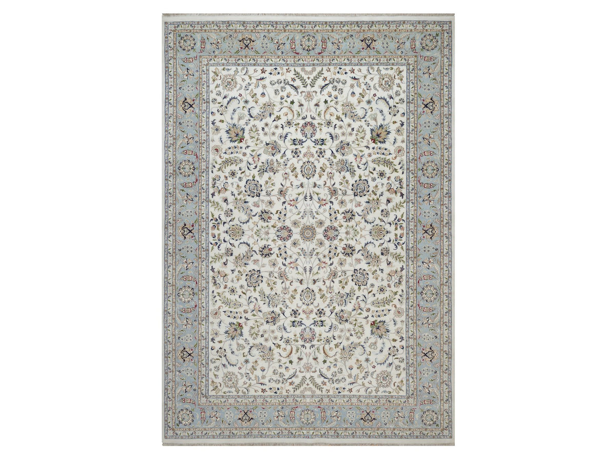Nain Fine Oriental hand-knotted wool/silk rug in Ivory & Light Blue, 9'10" x 14'5" — SKU O092010