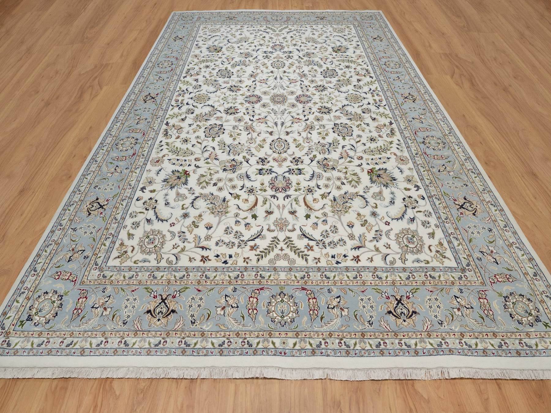 Nain Fine Oriental hand-knotted wool/silk rug in Ivory & Light Blue, 9'10" x 14'5" — SKU O092010 (view 2)