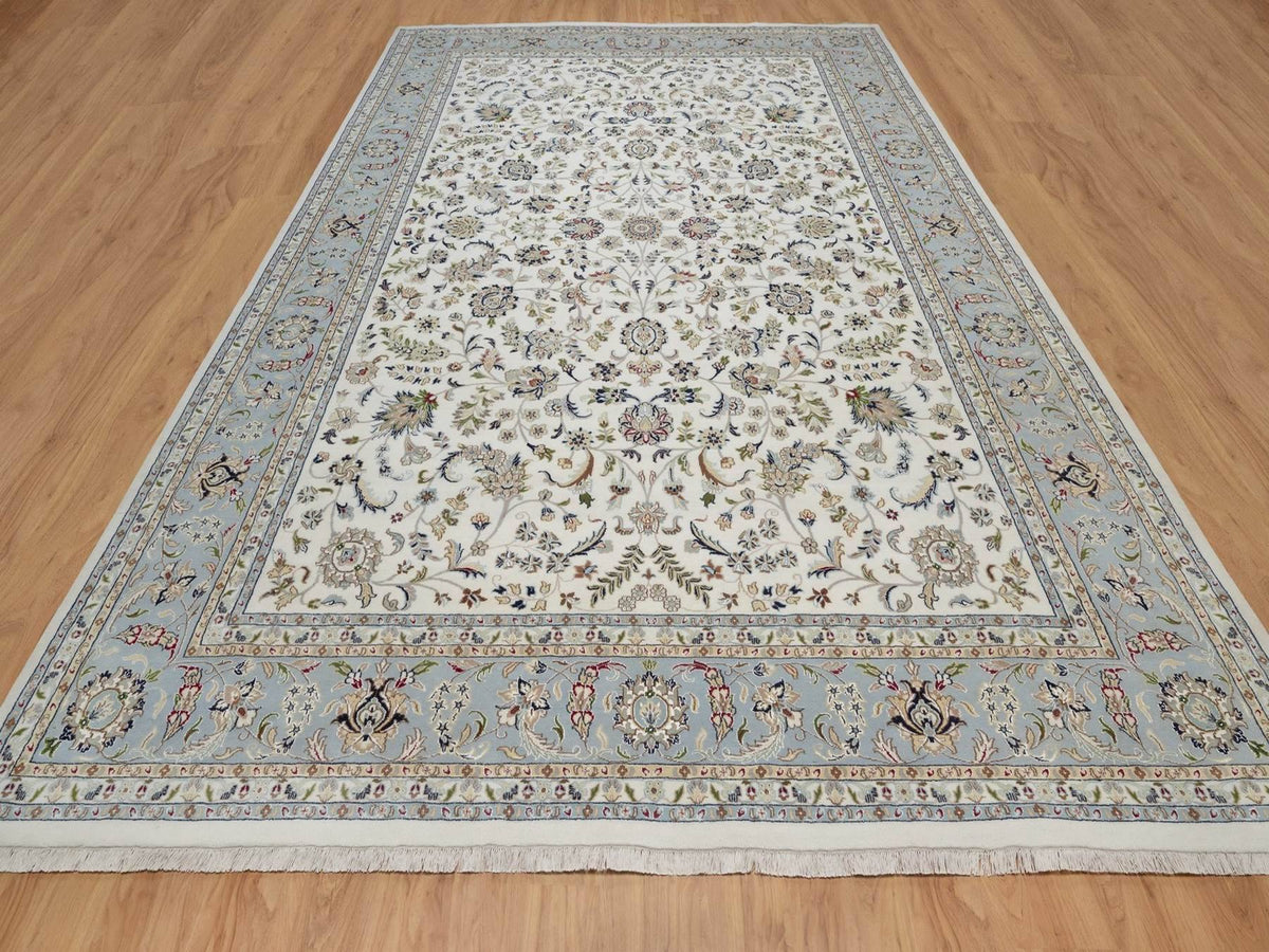 Nain Fine Oriental hand-knotted wool/silk rug in Ivory & Light Blue, 9'10" x 14'5" — SKU O092010 (view 2)