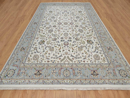 Nain Fine Oriental hand-knotted wool/silk rug in Ivory & Light Blue, 9'10" x 14'5" — SKU O092010 (view 2)