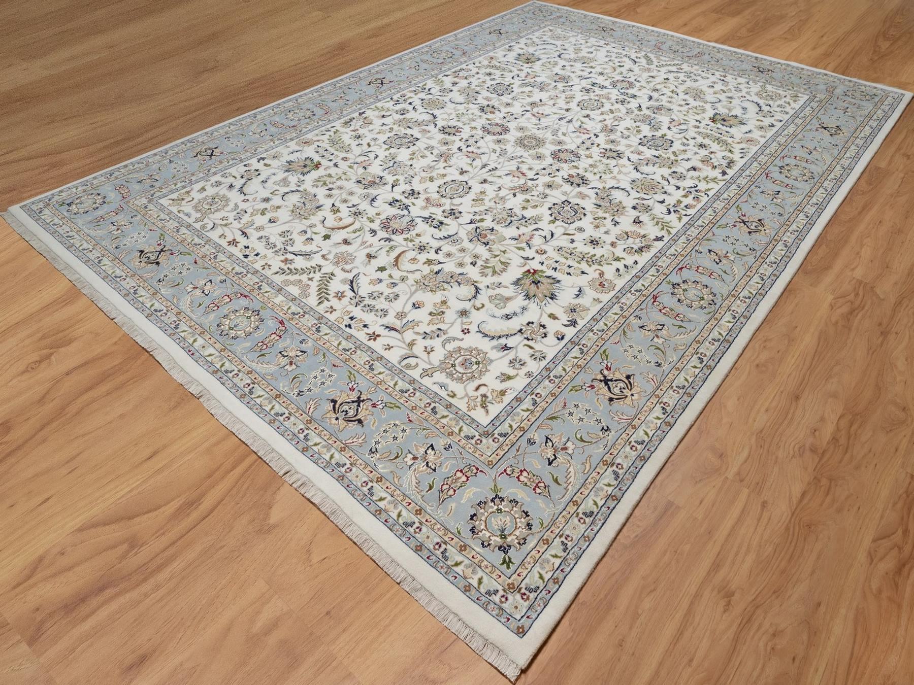 Nain Fine Oriental hand-knotted wool/silk rug in Ivory & Light Blue, 9'10" x 14'5" — SKU O092010 (view 3)
