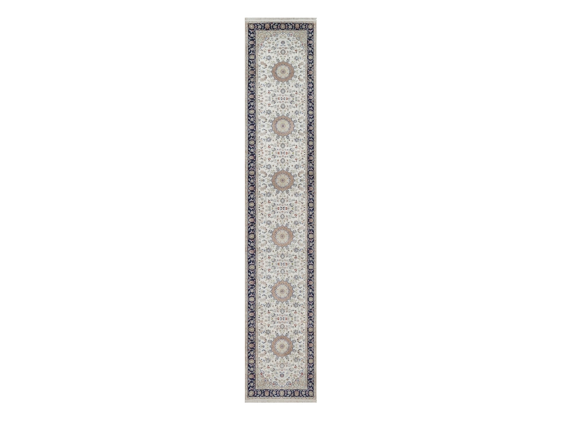 Nain Fine Oriental hand-knotted wool/silk runner in Ivory & Midnight Blue, 2'8" x 14'4" — SKU O092013