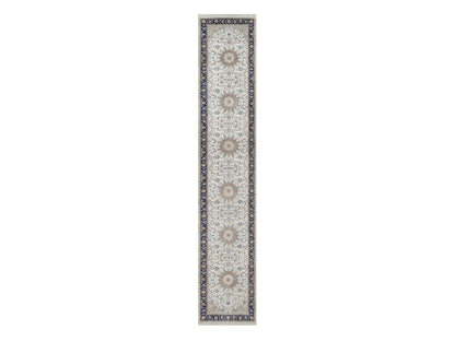Nain Fine Oriental hand-knotted wool/silk runner in Ivory & Midnight Blue, 2'8" x 14'4" — SKU O092013