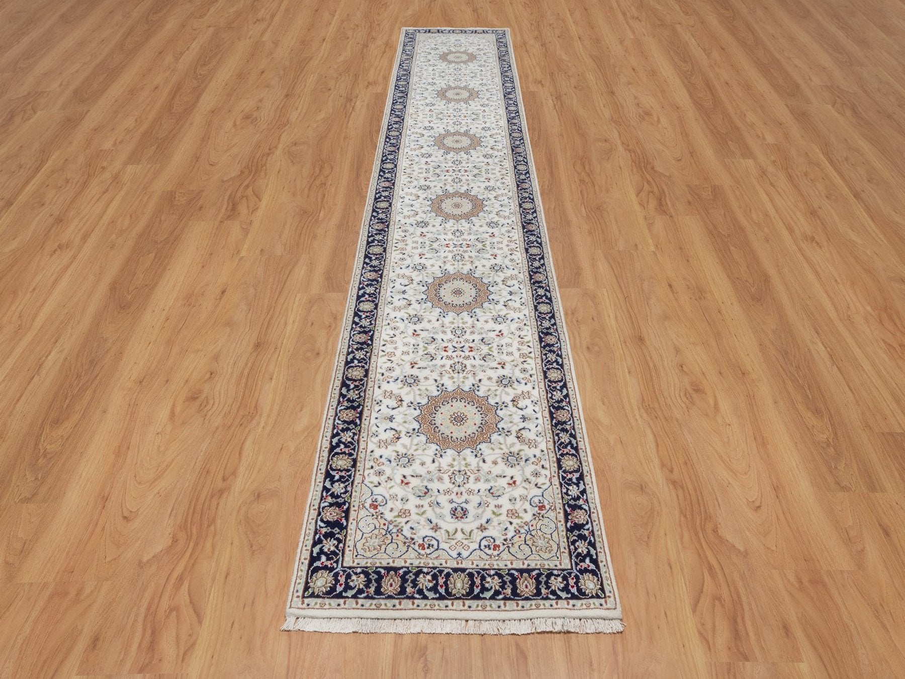 Nain Fine Oriental hand-knotted wool/silk runner in Ivory & Midnight Blue, 2'8" x 14'4" — SKU O092013 (view 2)