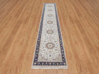 Nain Fine Oriental hand-knotted wool/silk runner in Ivory & Midnight Blue, 2'8" x 14'4" — SKU O092013 (view 2)
